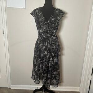 Vintage 90s Black Floral Chiffon Midi Dress Ruffle V-Neck Tie Waist